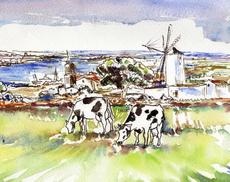 Watercolor Cows and Windmills